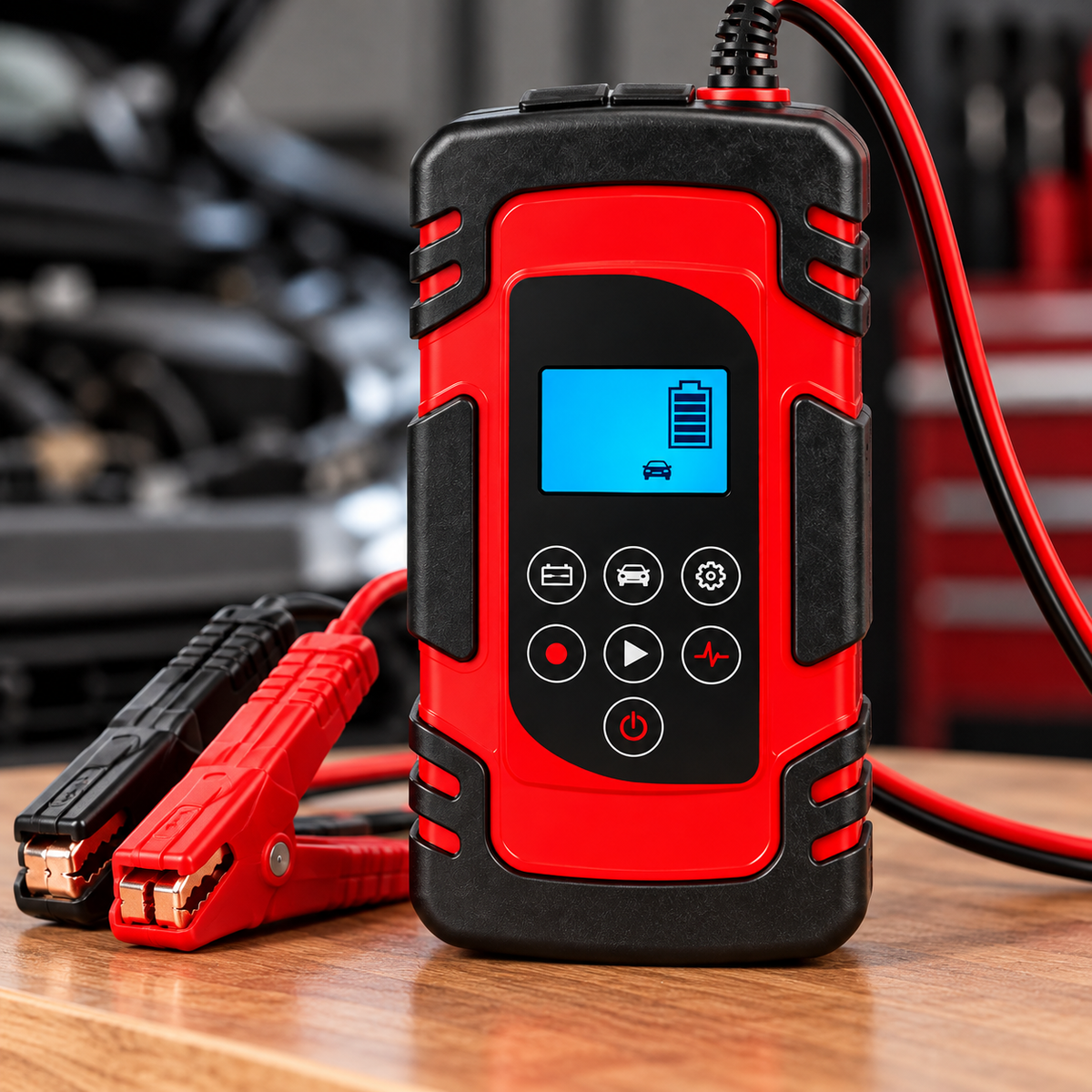Detalle de pantalla digital, controles y pinzas del cargador automotriz