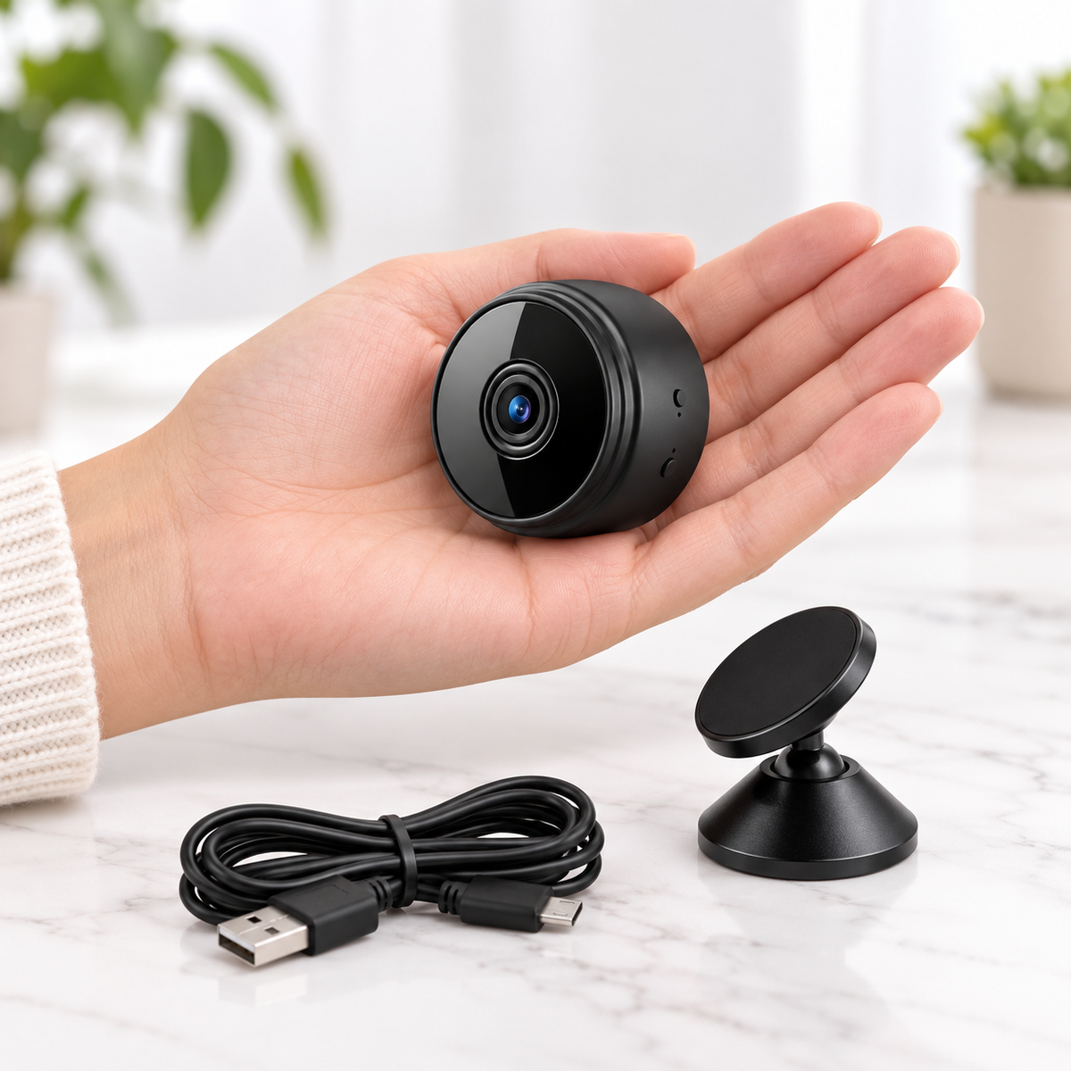 Tamaño compacto de la mini cámara WiFi con soporte ajustable y cable USB