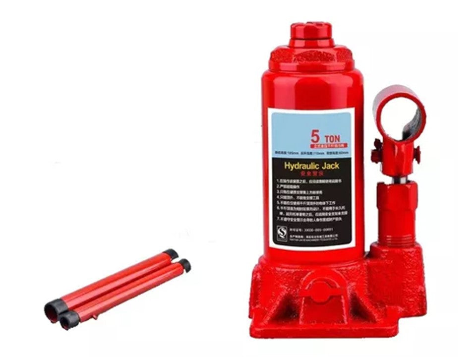Gata hidráulica tipo botella roja de 5 toneladas con palanca incluida, foto original del producto