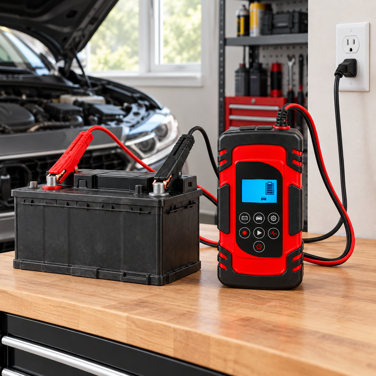 Cargador de batería automotriz junto a una batería en un garaje