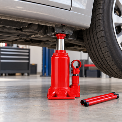 Gata hidráulica roja tipo botella usada bajo un automóvil en taller