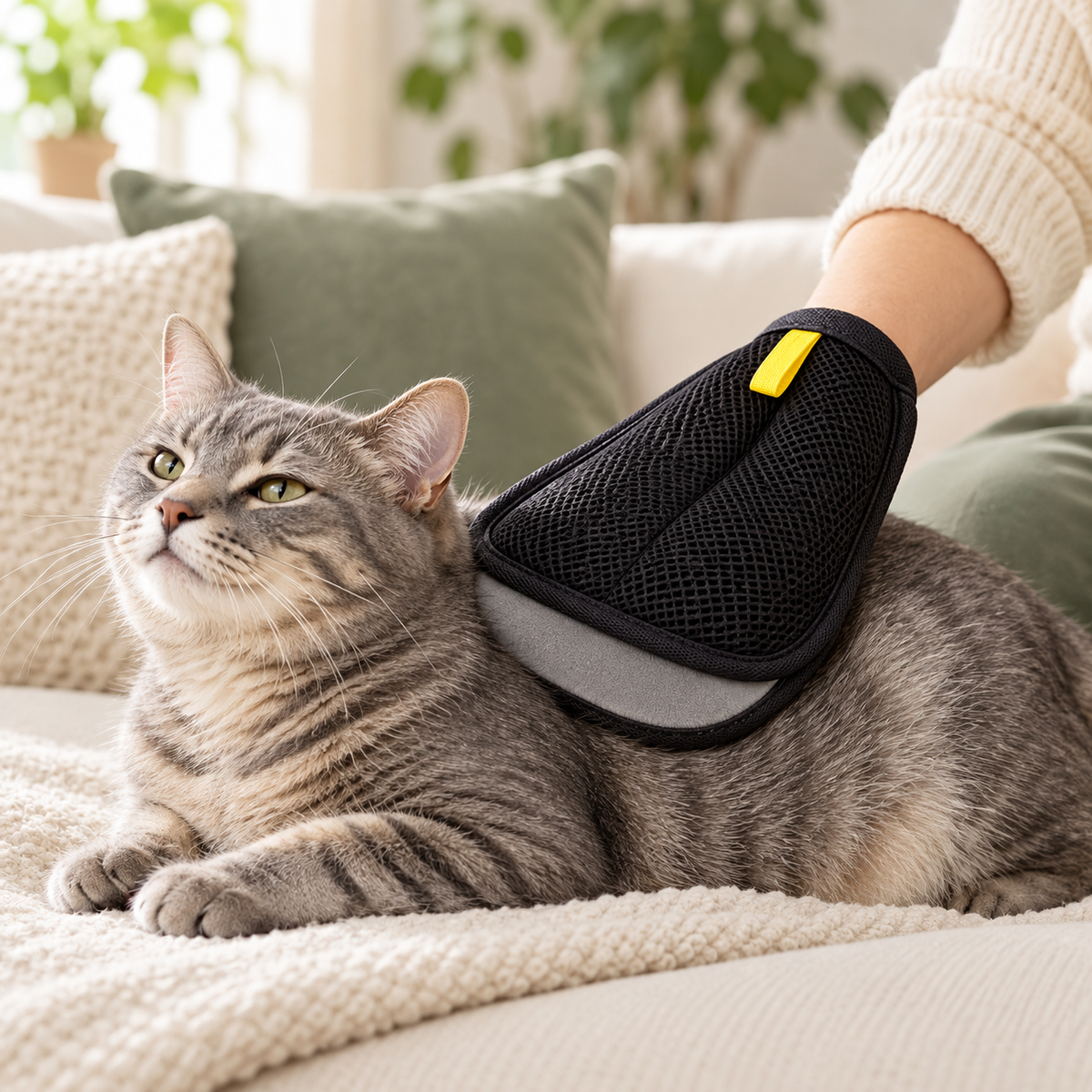 Guante quitapelos negro usado suavemente para acariciar un gato