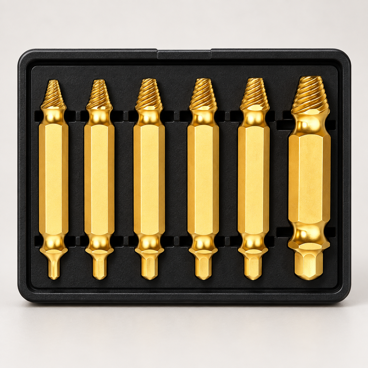 Kit extractor de tornillos dañados, seis piezas en estuche