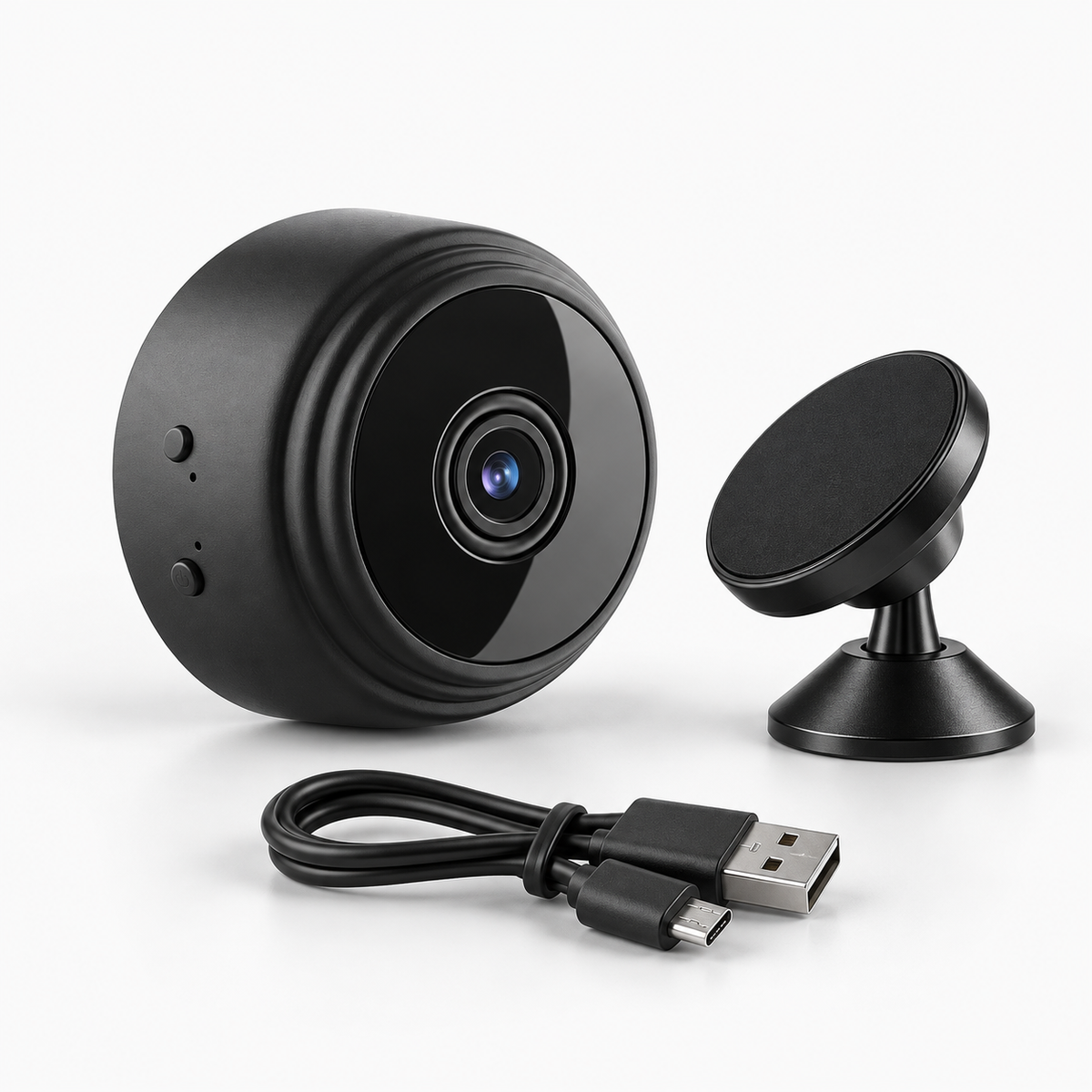 Mini cámara WiFi negra con soporte ajustable y cable USB