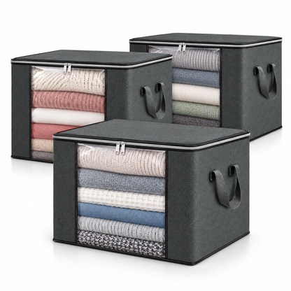 Set de tres organizadores de ropa gris con ventana transparente
